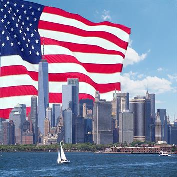 This photo features the American flag in combination with American landmarks